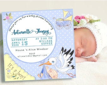 Stork cute baby-Invitation baby shower boy simple baby shower card, invitation baby shower with stork and baby, new baby card