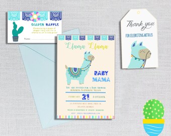 Boy baby shower invite, BABY LLAMA invitation baby shower| new baby card| pregnancy card| mama llama tag| diaper raffle