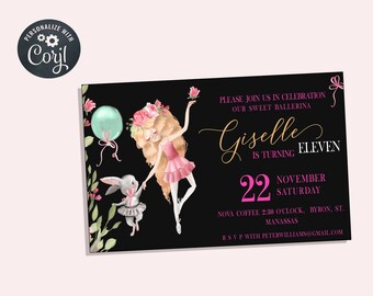 Ballerina birthday party, birthday ballet invitation, sweet ballerina party invite,  ballet birthday dance, ballet party