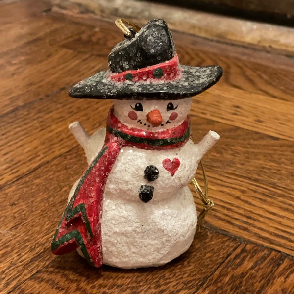 Vintage 1990s House of Hatton Frosty Sparkling Jolly Snowman Figure Ornament Labeled Handcrafted in the Philippines Festive