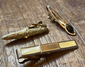 Trio of Vintage SWANK Brand Gold Tone Tie Bar Clips Set of Three