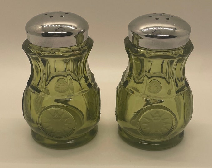 Fostoria Coin Set of Glass Salt & Pepper Shakers Olive Green Etsy