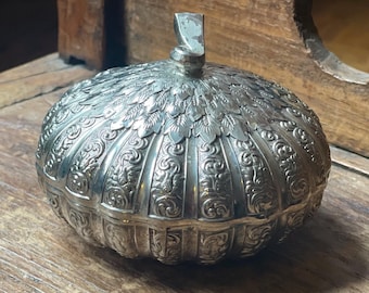 Vintage Pumpkin Silver Plated Ornate Trinket Box Candy Dish with Lid