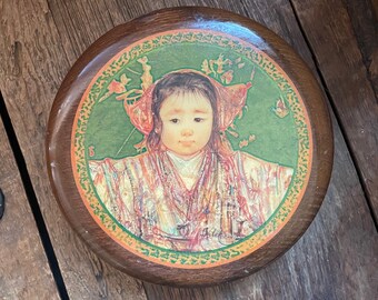 Edna Hibel Signed Asian Celebrant Wooden Round Trinket Keepsake Box with Lid Vintage Art