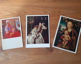 Mère et enfant sur des cartes postales anciennes, lot de 3 - Reproductions de peintures d'artistes soviétiques et européens des années 70 - Bébé - Maternité