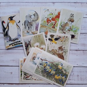 Vintage bright postcards with hand-drawn illustrations of cute animals set of 11 pcs - Postcards for children with poems about animals