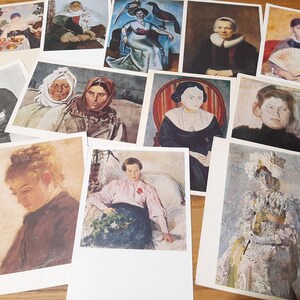 Lot de 12 portraits de femmes sur des cartes postales anciennes - Reproductions de peintures d'artistes soviétiques et européens des années 60-80 - Renoir Picasso