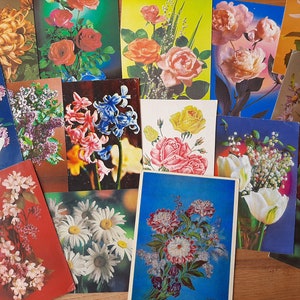 Rosas, lilases, crisântemos, camomila em cartões postais vintage, conjunto de 15 - Cartão soviético sem assinatura dos anos 80 - Flores em cartão postal