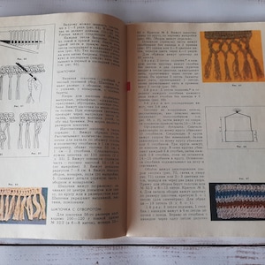 Könnte beinhalten: Ein aufgeschlagenes Lehrbuch mit beigen Seiten, schwarzem russischem Text, schwarz-weißen Strichzeichnungen von Häkeltechniken und zwei kleinen rechteckigen Farbfotos, die braune und mehrfarbige Garnmuster zeigen.