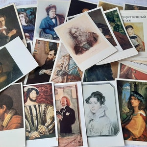 Lot de 35 portraits d'hommes et de femmes sur des cartes postales anciennes - Reproductions de peintures d'artistes soviétiques et européens des années 60-80