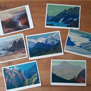 Lot de 7 cartes postales anciennes paysages de montagne - Reproductions de peintures d'artistes soviétiques et européens - Lacs de montagne
