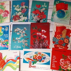 Cartões postais antigos De 1º de maio! O dia da solidariedade do trabalhador! Paz Trabalho Maio! conjunto de 22 - Cartão soviético anos 70-80 - Flores em cartões postais