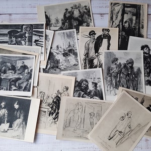 Black and white illustrations, pictures, photos on vintage postcards set of 20 - Unused Postcards - Photo illustration of art objects - USSR