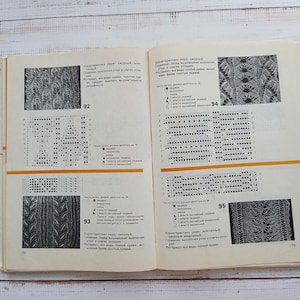 Könnte beinhalten: Ein aufgeschlagenes Lehrbuch mit schwarz-weißen Strickmustern, Diagrammen und russischem Text. Die Seiten zeigen vier verschiedene Maschenmuster mit den Nummern 92, 93, 94 und 95, ergänzt durch Rasterdiagramme und Symbole für Stricktechniken.