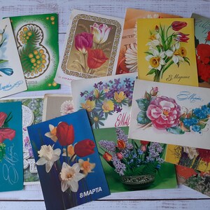 8 de março \ Dia Internacional da Mulher em cartões postais vintage ucranianos, conjunto de 16 - Flores da primavera em cartão