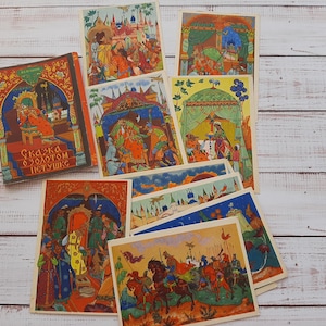 Het verhaal van de gouden haan door Alexander Pushkin op vintage kinderkaarten set van 12 stuks - Kunstenaar Kurkin \ Palekh