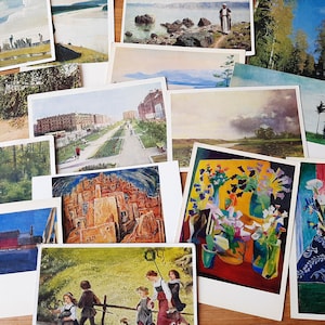 Summer landscape set of 18 vintage postcards - Reproductions of paintings by Soviet and European artists - Forest, flowers, swans
