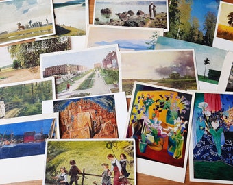 Ensemble de 18 cartes postales anciennes de paysages d'été - Reproductions de peintures d'artistes soviétiques et européens - Forêt, fleurs, cygnes