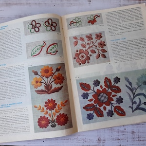 May include: An open book showing pages with colourful floral embroidery patterns. The designs include flowers, leaves, and other botanical elements, stitched in various colours. The book is on a light-coloured wooden surface.