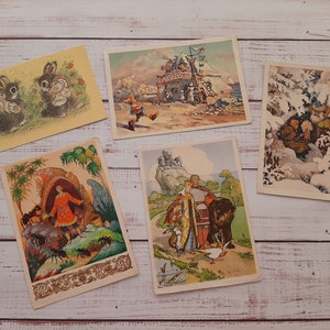 Conjunto de 5 postais infantis da era da URSS, anos 50-60