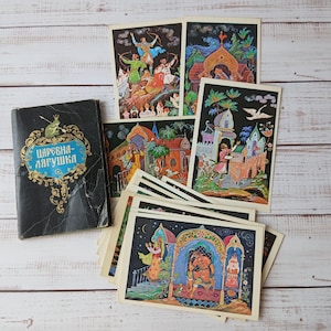 Froschprinzessin auf vintage Postkarten set 16 Stück - Kinder Postkarten mit Illustrationen aus Märchen - Palekh Kunst