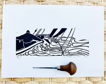 Sea Lino Print, Sailing Lino Print, Hand Printed Original Art, Nautical Lino Print, Wall Print, Black and White Print.