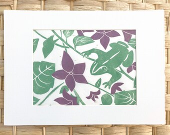 Frog Lino Print, Linocut, wall print, original print, hand printed, A4 print