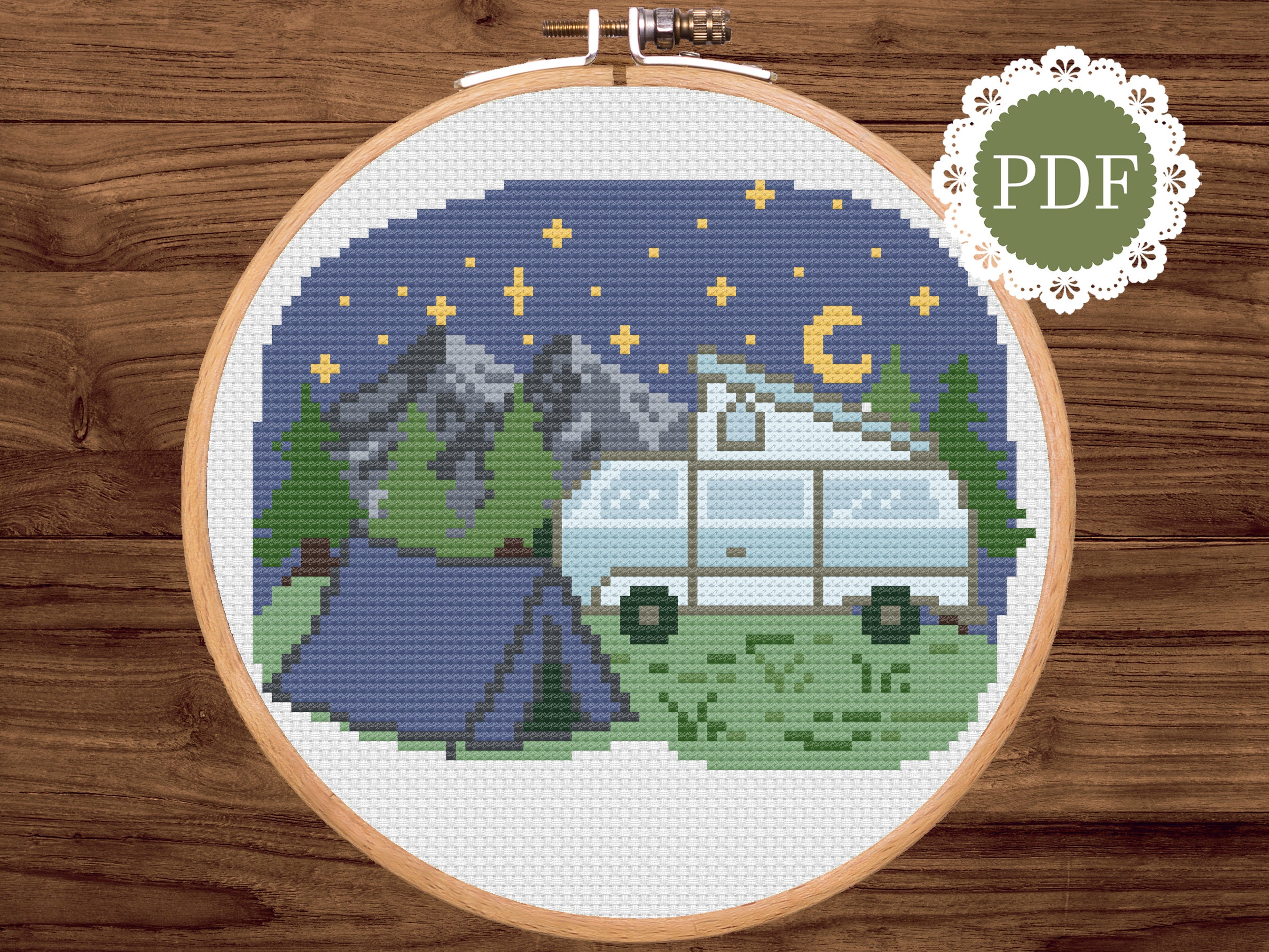 Crosstitch Rv Pattern Starry Mountains RV Camping Cross Stitch Pattern PDF: Easy Travel ...