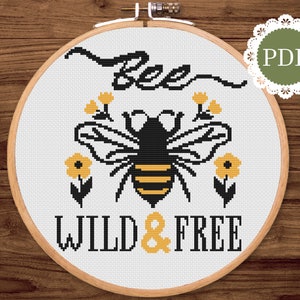 Bee Wild en gratis kruissteek: Be Wild Simple Eenvoudig moderne bloemen en honingbij afdrukbare pdf-knutselpatroon voor zwervers, wandelaars en avonturiers