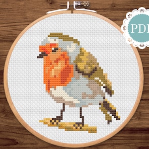 Modèle PDF Robin Bird au point de croix : adorable petite broderie moderne minimaliste rouge et marron PDF imprimable pour les ornithologues et les ornithologues amateurs