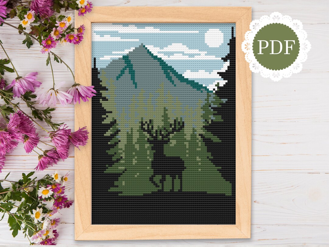 Pine Forest Deer Cross Stitch Pattern PDF: Modern Wilderness Landscape ...