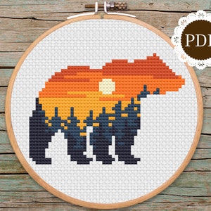 Tiny Retro Sunset Bear Cross Stitch PDF Pattern: 3.5 Inch Small Pine Forest Bear Printable DIY, Cute & Easy Mini Brown Bear Orange Gradient