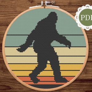 70's Retro Bigfoot Silhouette Cross Stitch Pattern: Easy Beginner Abstract Sunset Cryptid Reverse Counted X-Stitch Printable PDF DIY Pattern