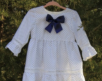 White and Navy Blue Polka Dot Dress & Bonnet
