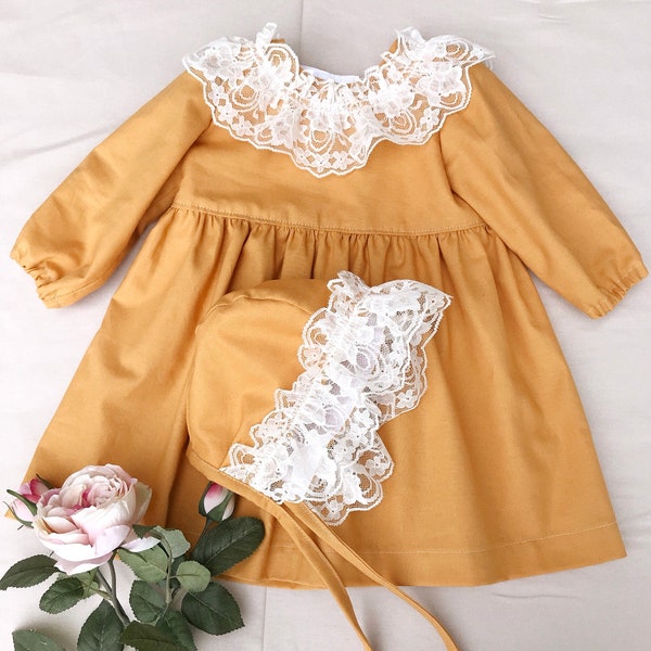 Mustard Yellow/ Vintage/ Cotton Dress & Bonnet with Lace