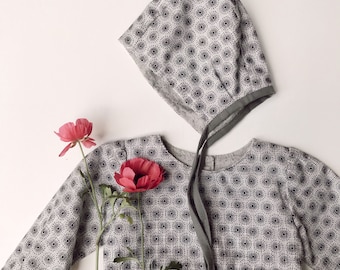 Grey Flower Polka Dot Dress & Bonnet