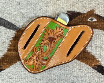 2 Loop Trapper Slanted Pancake Knife Case, Hand tooled, Hand Made, Genuine Leather,