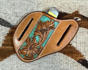 2 Loop Trapper Slanted Pancake Knife Case, Hand tooled, Hand Made, Genuine Leather,