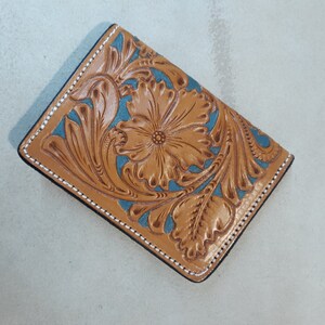 Genuine Leather Wallet, 3 pocket, Slim Line, Money wire, Floral Tooling