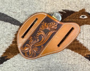 2 Loop Trapper Slanted Pancake Knife Case, Hand tooled, Hand Made, Genuine Leather,