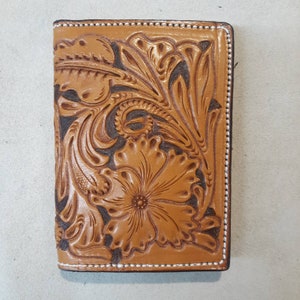 Genuine Leather Wallet, 3 pocket, Slim Line, Money wire, Floral Tooling