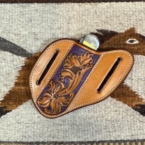 2 Loop Trapper Slanted Pancake Knife Case, Hand tooled, Hand Made, Genuine Leather,