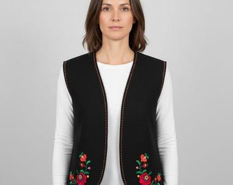Vintage Black Wool Hungarian Folk Vest w/ Embroidered Flowers  - L/XL