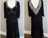 Boho Hippie Goth Witch of The Festival burnout velvet lace trimmed plunging V-back full-length dress gown - 6-8 S - M, very dramatic