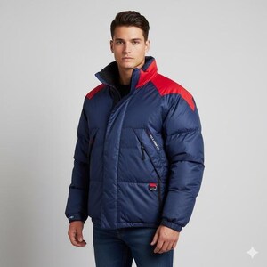 Peut inclure: Veste matelassée bleu marine avec des empiècements rouges aux épaules. La veste a un col montant, une fermeture éclair et une petite poche sur la poitrine. Le texte "POLO JEANS CO" est imprimé sur la manche.