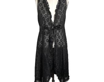 Vintage 60s Black Sheer Chiffon Lace Peignoir / Dressing Gown / Robe - M/L