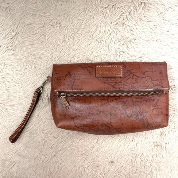 Patricia Nash Brown Map Print Valerie Leather Foldover Wristlet / Clutch Purse