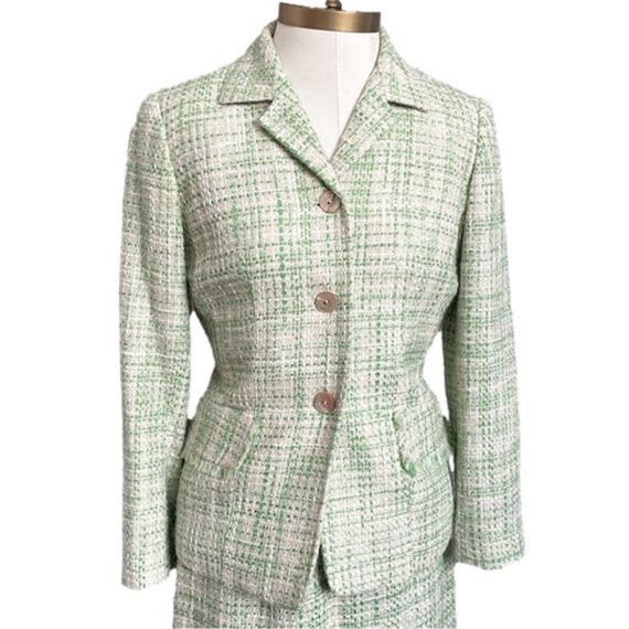 Green / Cream Bouclé Blazer Skirt Suit - S, very … - image 3