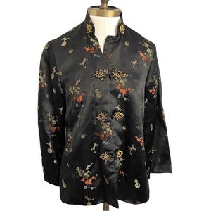 Vintage Chinese Black Satin Brocade Light Jacket - Small