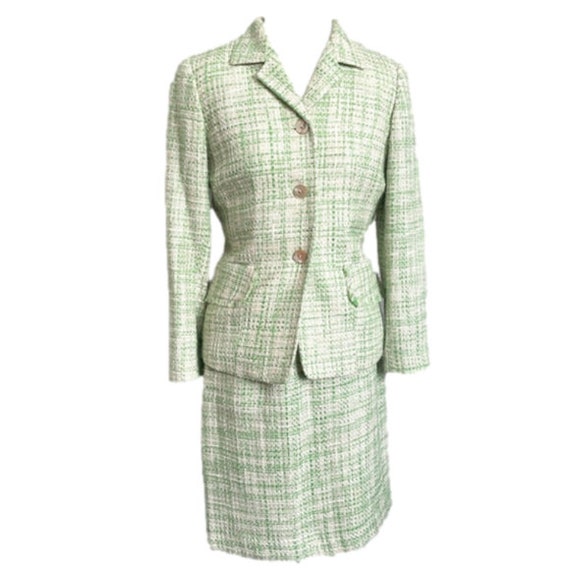 Green / Cream Bouclé Blazer Skirt Suit - S, very … - image 10